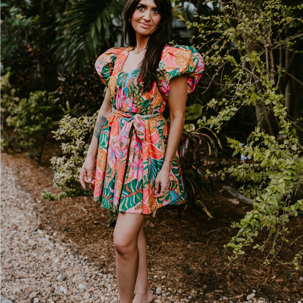 Tropical Print Puff Sleeve Mini Dress
